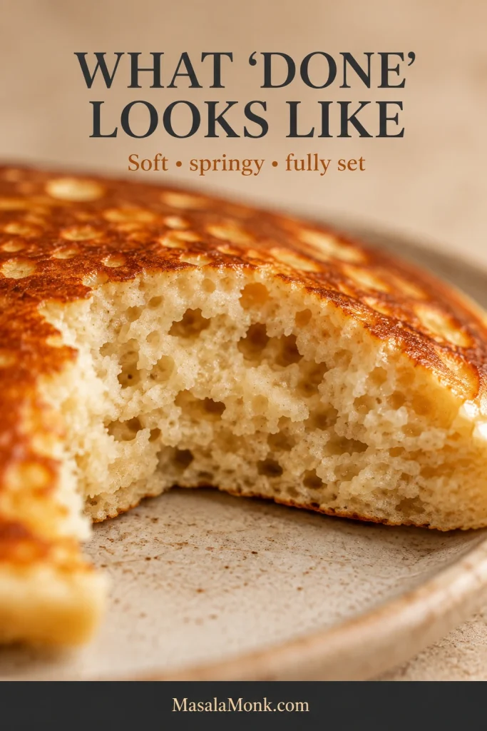Torn sourdough pancake showing a fully cooked cream-colored interior with small irregular air pockets and a soft, set crumb.