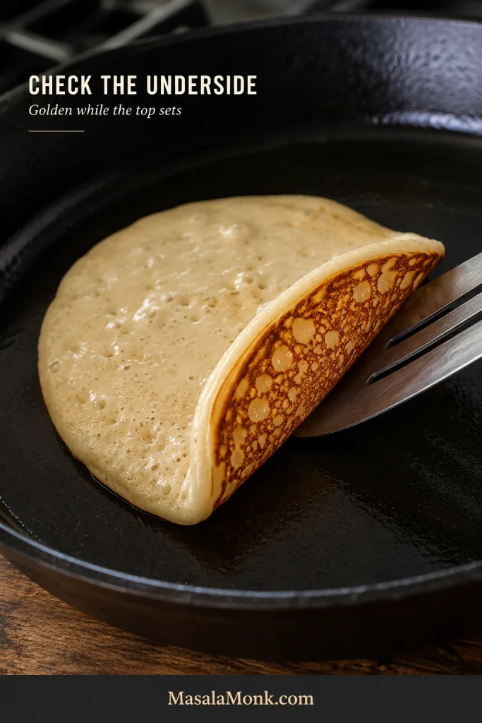 Pancake edge lifted with a spatula to reveal a mottled golden-brown underside while the top shows bubbles and a partly set surface.