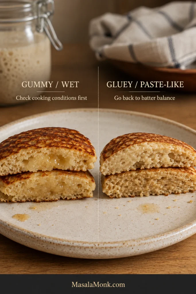 Two cut pancakes compare a gummy wet center with otherwise formed crumb against a broadly dense, paste-like gluey interior with poor air-cell structure.