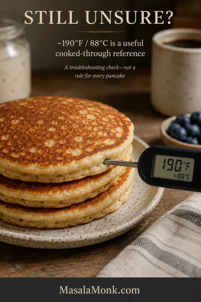 Instant-read thermometer inserted from the side into a stack of sourdough pancakes, displaying 190 degrees Fahrenheit and approximately 88 degrees Celsius.