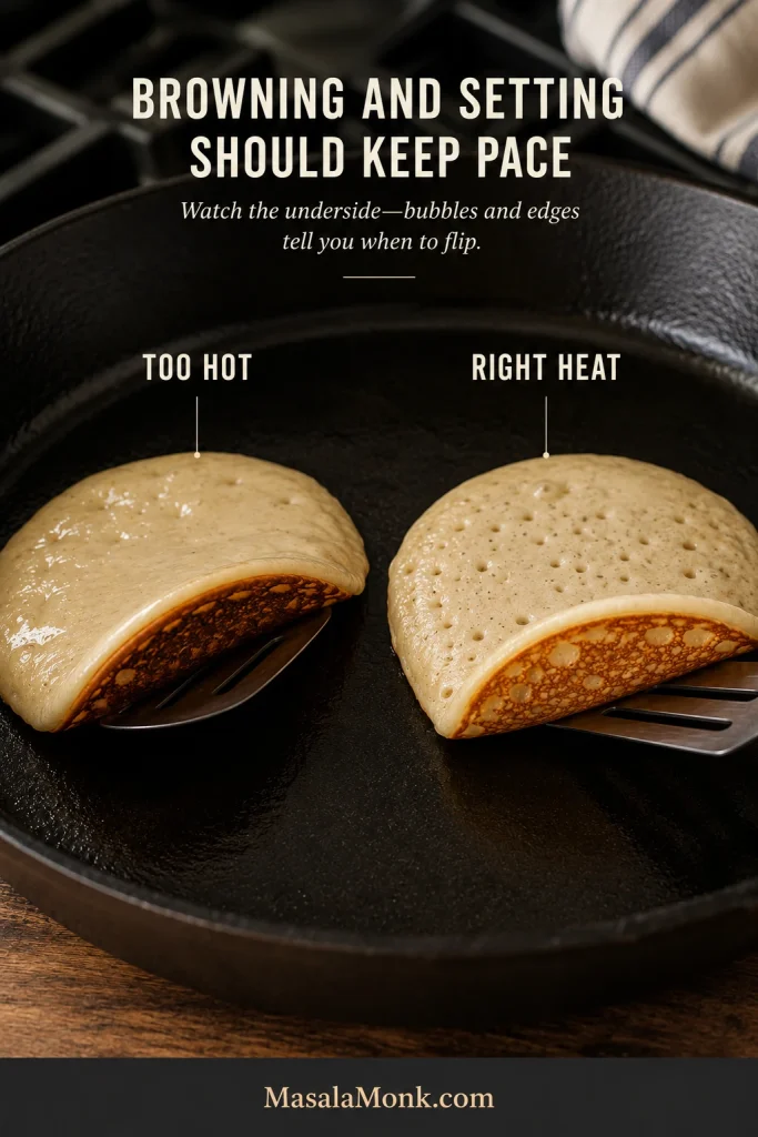 Two pancakes are lifted on spatulas: the too-hot example has a dark underside while the top remains wet, and the correct-heat example has a golden underside with bubbles and a more set top.