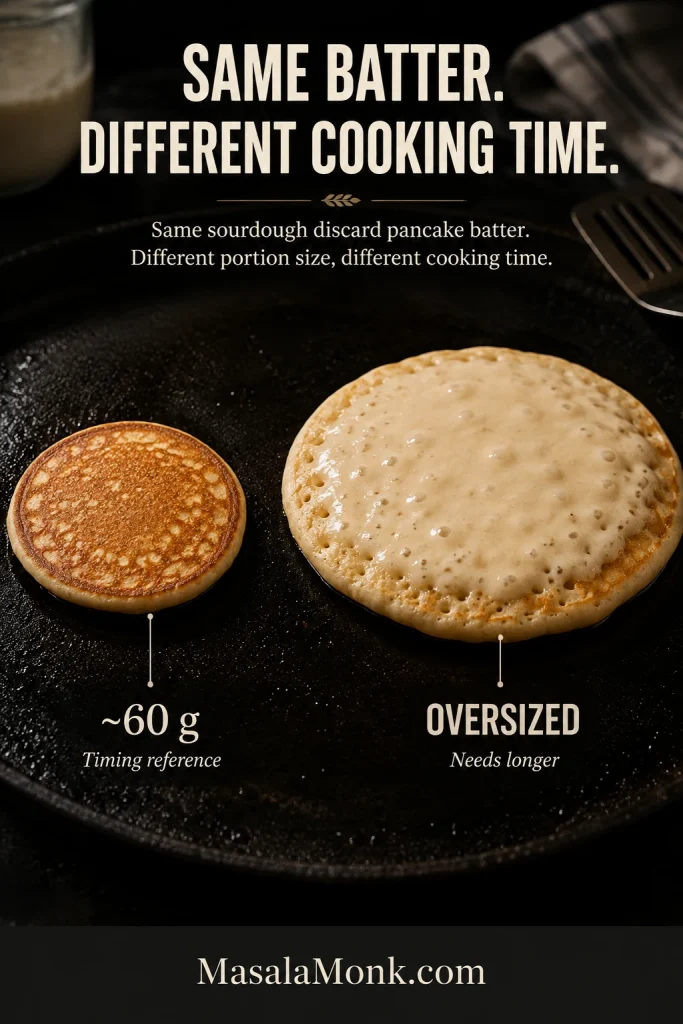 Two pancakes made from the same batter cook side by side; the smaller 60-gram pancake is more evenly set while the oversized pancake remains wetter in the center.