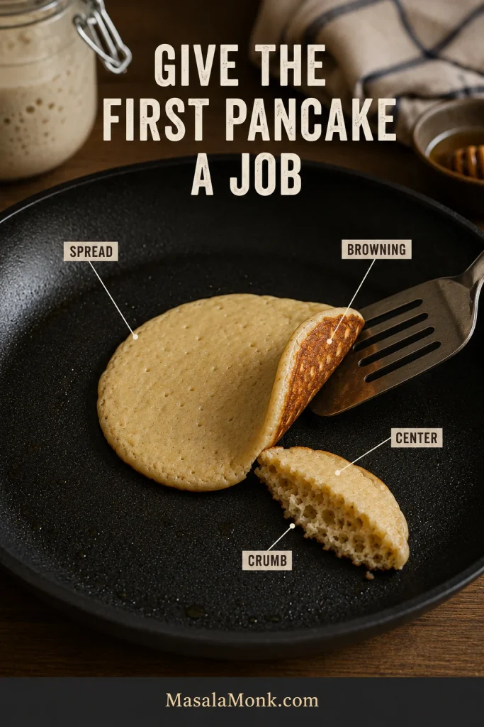 A single tester pancake is used to check its diameter, golden underside, cooked center, and exposed interior crumb before cooking the remaining batter.