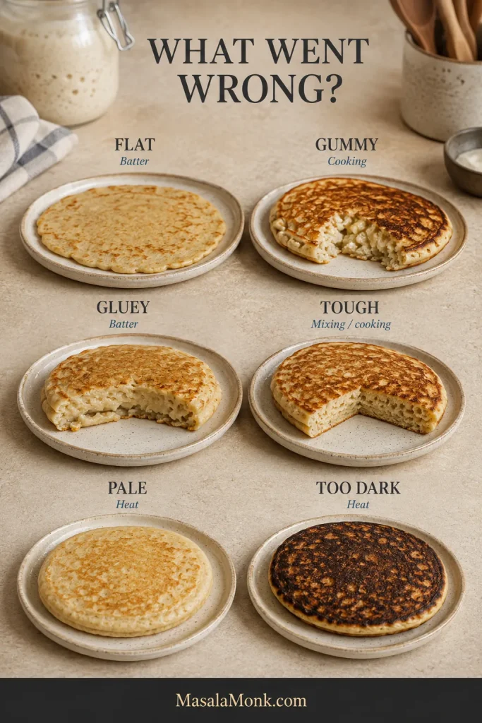 Troubleshooting guide showing six pancake problems: flat, gummy, gluey, tough, pale, and too dark, with each linked to batter, cooking, mixing, or heat.