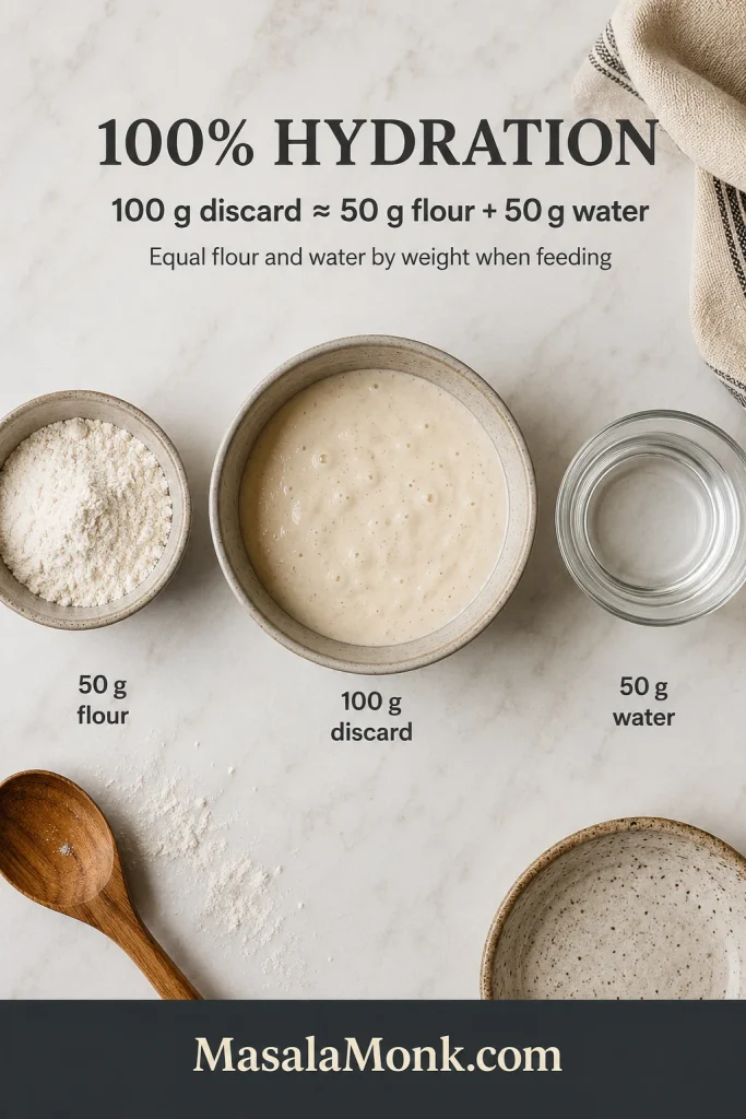 Overhead guide showing 100 grams of sourdough discard beside 50 grams of flour and 50 grams of water to explain 100 percent hydration.