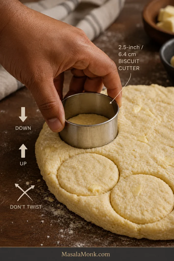 Hand pressing a round metal biscuit cutter straight down into dough with instructions to lift straight up and not twist.