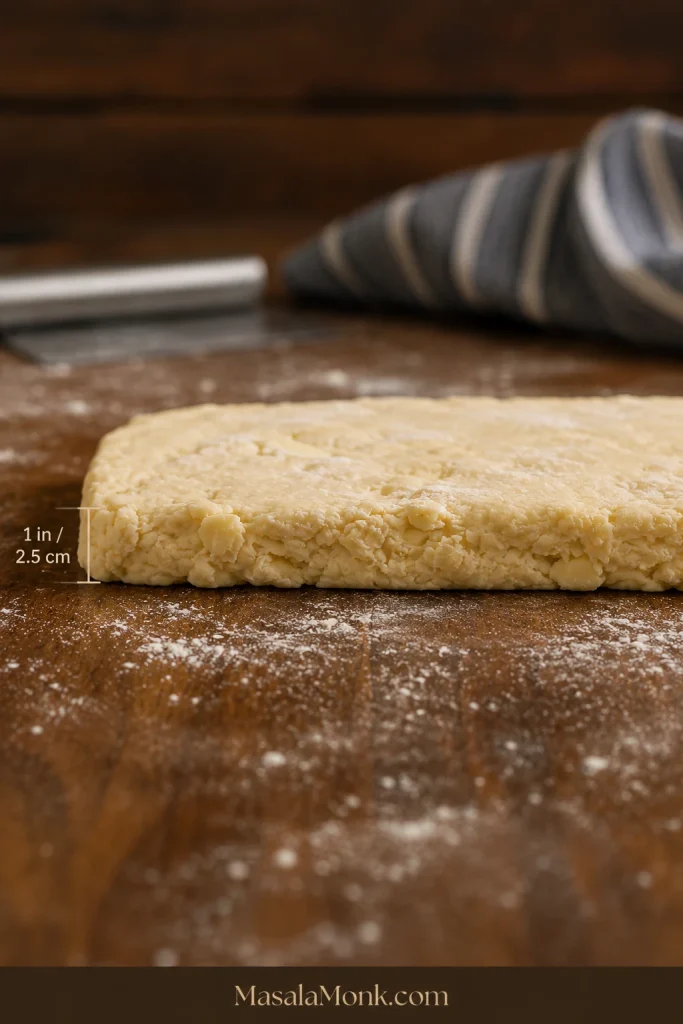 Side view of hand-patted biscuit dough measuring about 1 inch or 2.5 centimeters thick.