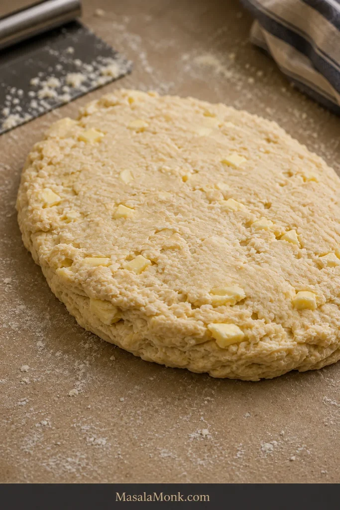 Close-up of folded biscuit dough with a rough surface, subtle seams and small pieces of butter still visible throughout.
