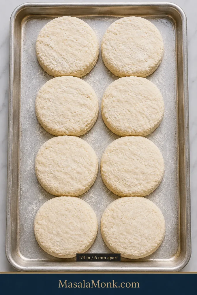 Eight raw biscuit rounds arranged close together with narrow quarter-inch gaps on a light aluminum baking sheet.
