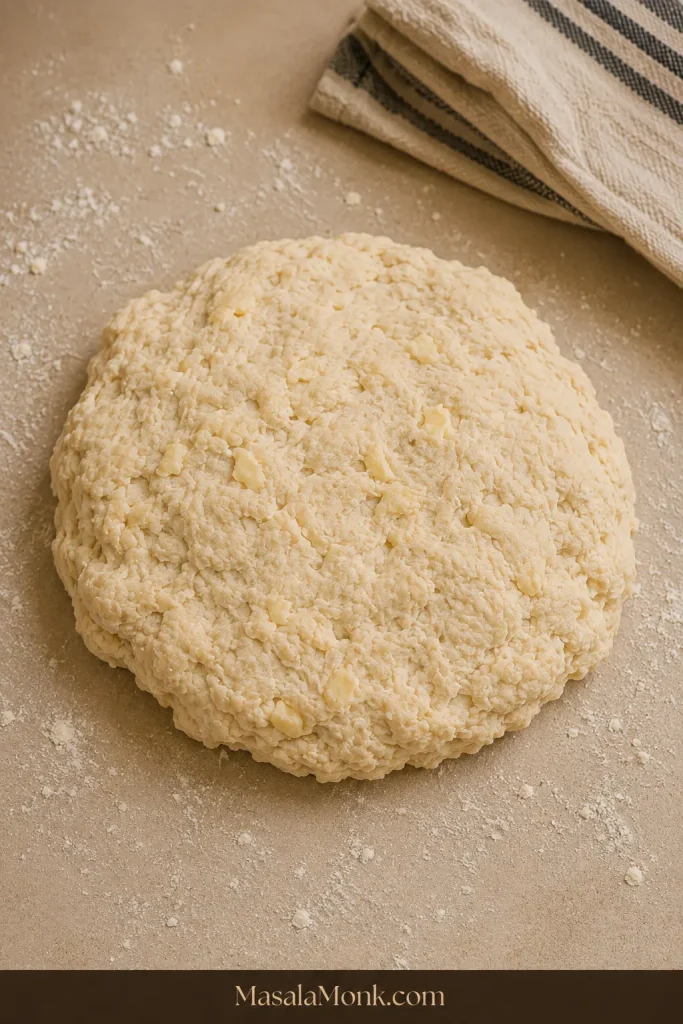 Rough, softly gathered biscuit dough with irregular edges and small visible pieces of butter on a lightly floured counter.