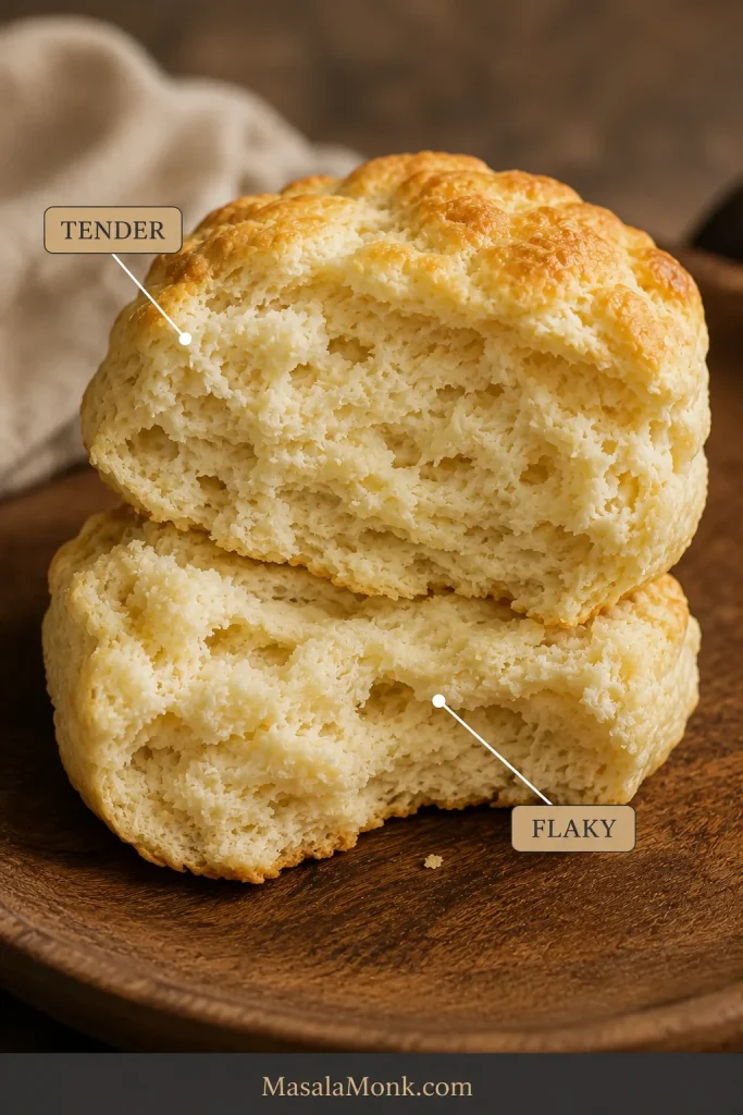 Split biscuit with callouts identifying a soft tender crumb and a natural flaky seam.