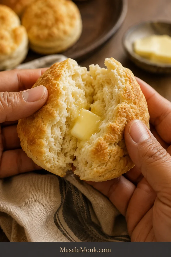 Hot biscuit pulled open to reveal a tender irregular crumb with natural flaky seams and melting butter.