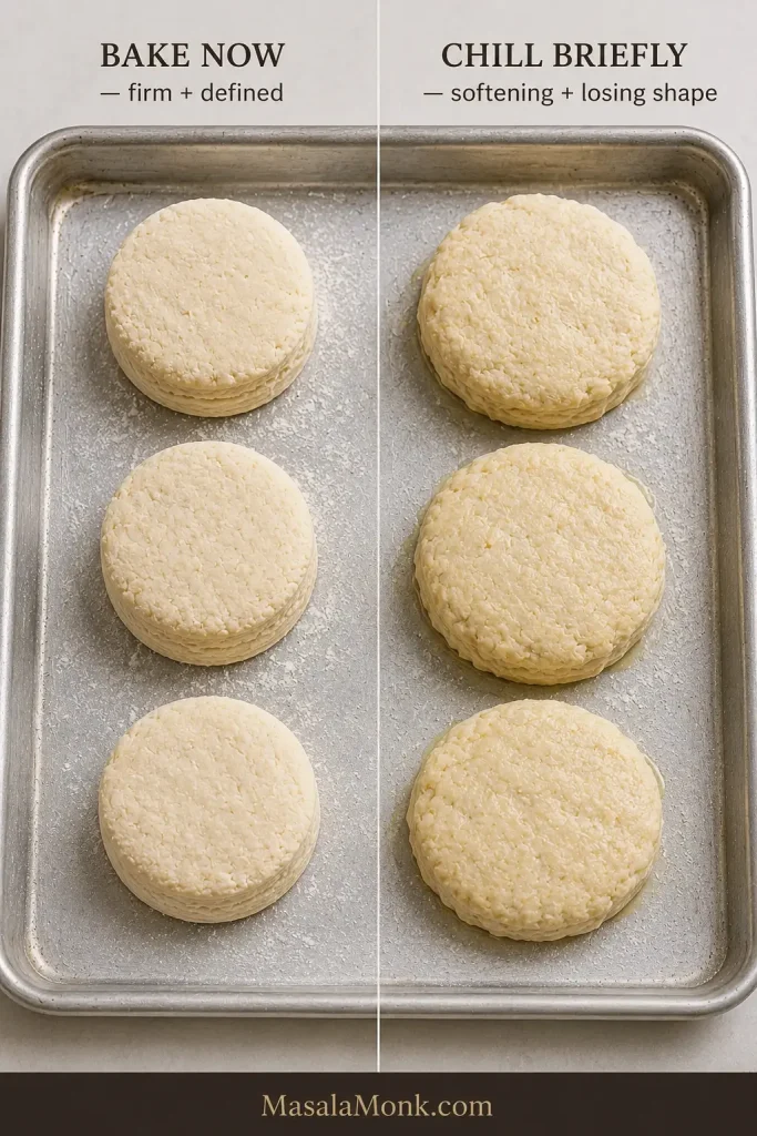 Comparison of firm defined raw biscuits ready to bake and softer slightly slumped biscuits that should be chilled briefly.