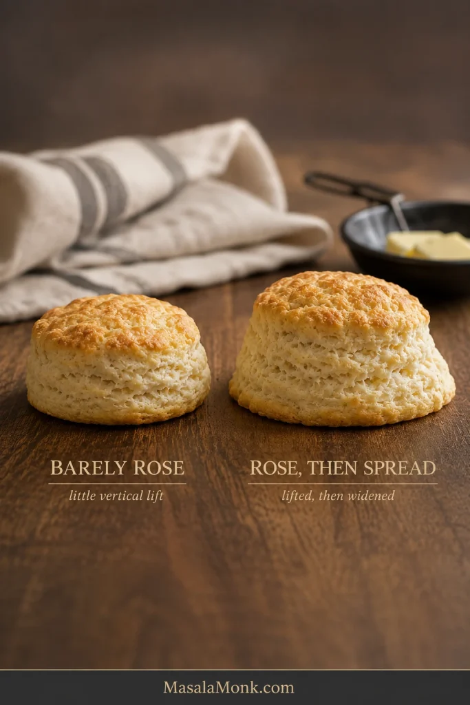 Side-profile comparison of a short compact biscuit that barely rose and a wider biscuit that rose before spreading outward.