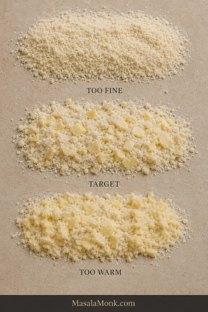 Three flour-and-butter mixtures labeled too fine, target and too warm, showing fine crumbs, distinct butter pieces and softened smeared butter.