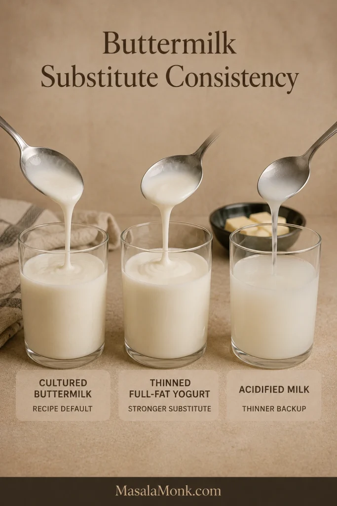 Cultured buttermilk, thinned full-fat yogurt and acidified milk shown pouring with visibly different thicknesses.