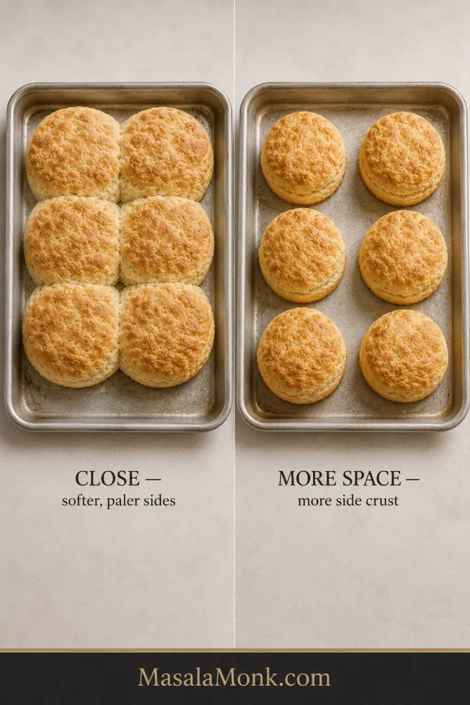 Matched baked biscuits showing close spacing with pale soft sides and wider spacing with more browned side crust.