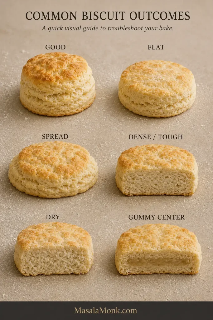 Six biscuit outcomes labeled good, flat, spread, dense or tough, dry and gummy center, with visible differences in shape and crumb.