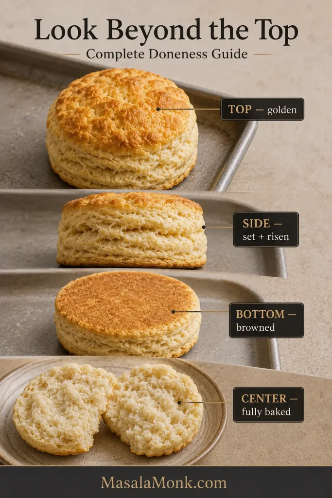 Four-part biscuit doneness guide showing a golden top, risen set side, browned bottom and fully baked split center.