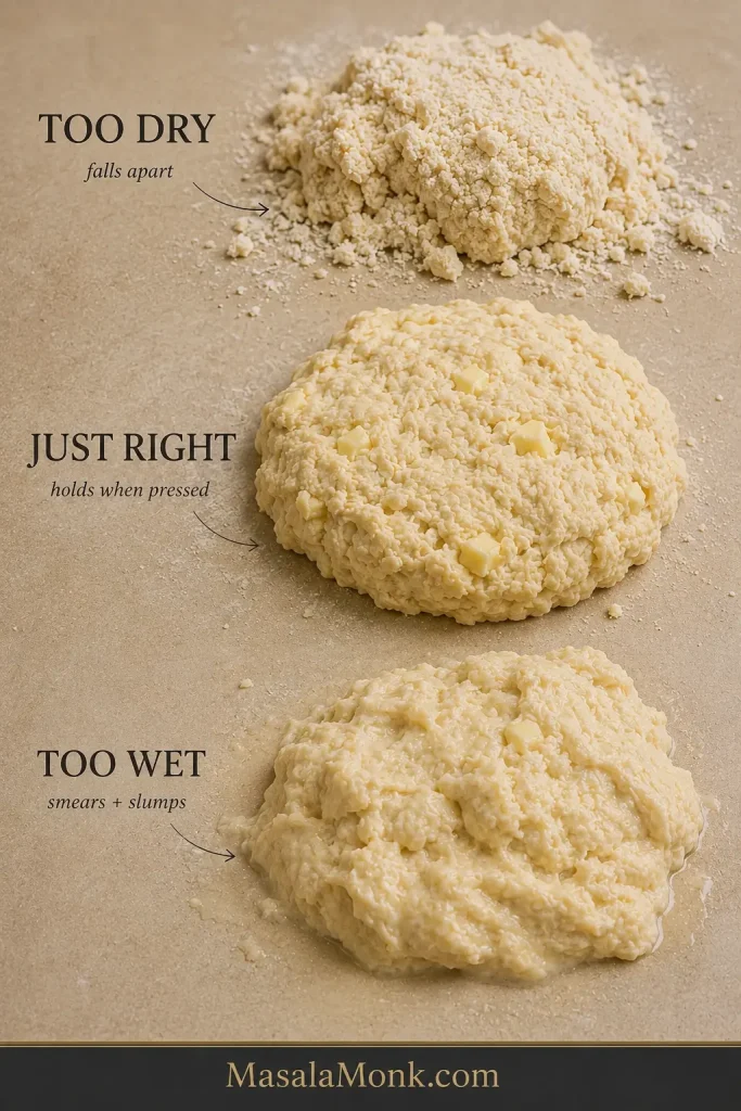 Three biscuit dough states labeled too dry, just right and too wet, showing crumbly, cohesive and sticky slumping textures.