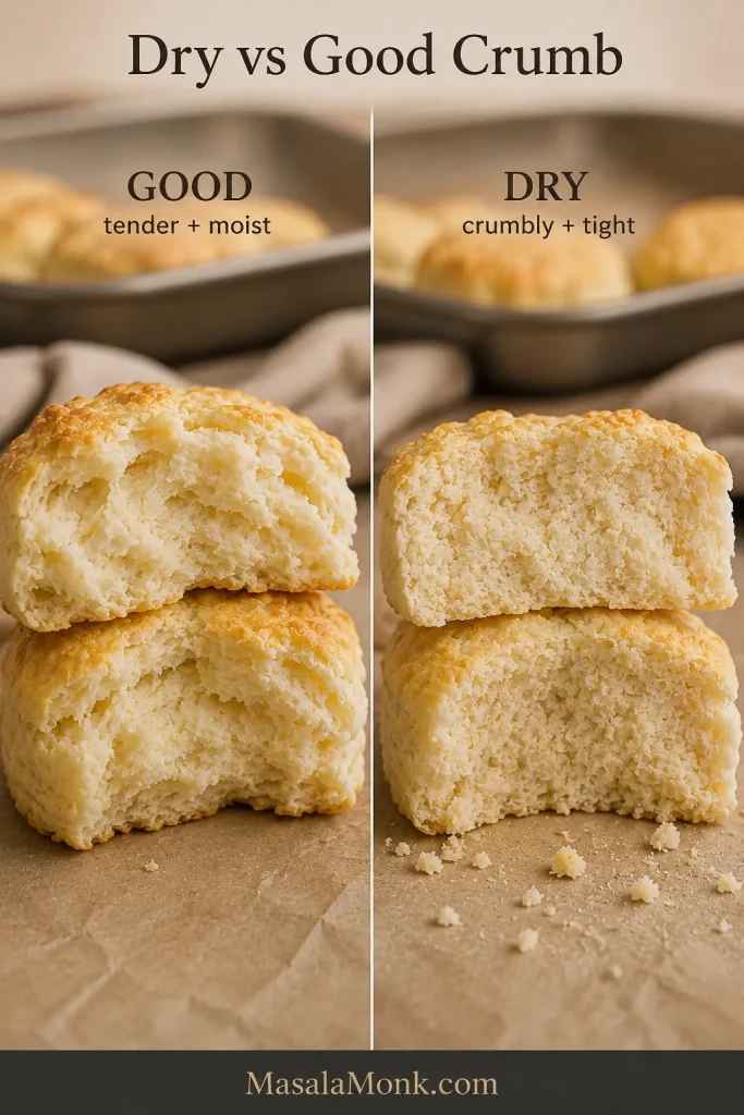 Side-by-side biscuit interiors comparing a soft tender crumb with a tighter, drier and more crumbly interior.