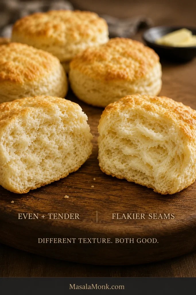 Two successful biscuit interiors labeled even and tender versus flakier seams, both shown as acceptable results.