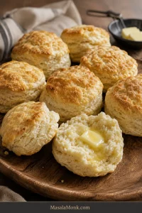 Golden Southern buttermilk biscuits on a wooden board, with one split open to reveal a soft interior with natural flaky seams and melting butter.