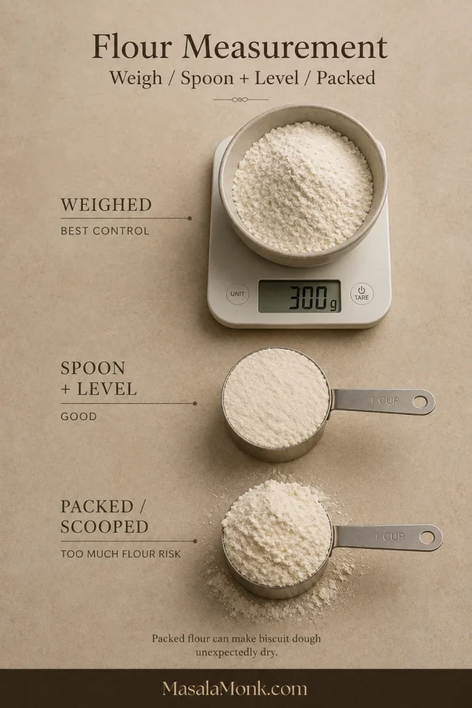 Flour measured as 300 grams on a digital scale, spooned and leveled into a cup, and packed into a measuring cup.