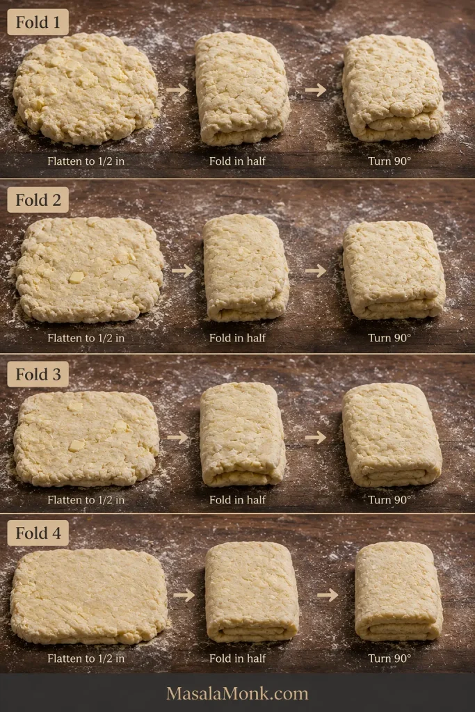 Four-stage guide showing biscuit dough flattened, folded in half and turned through four rounds as it becomes progressively more structured.