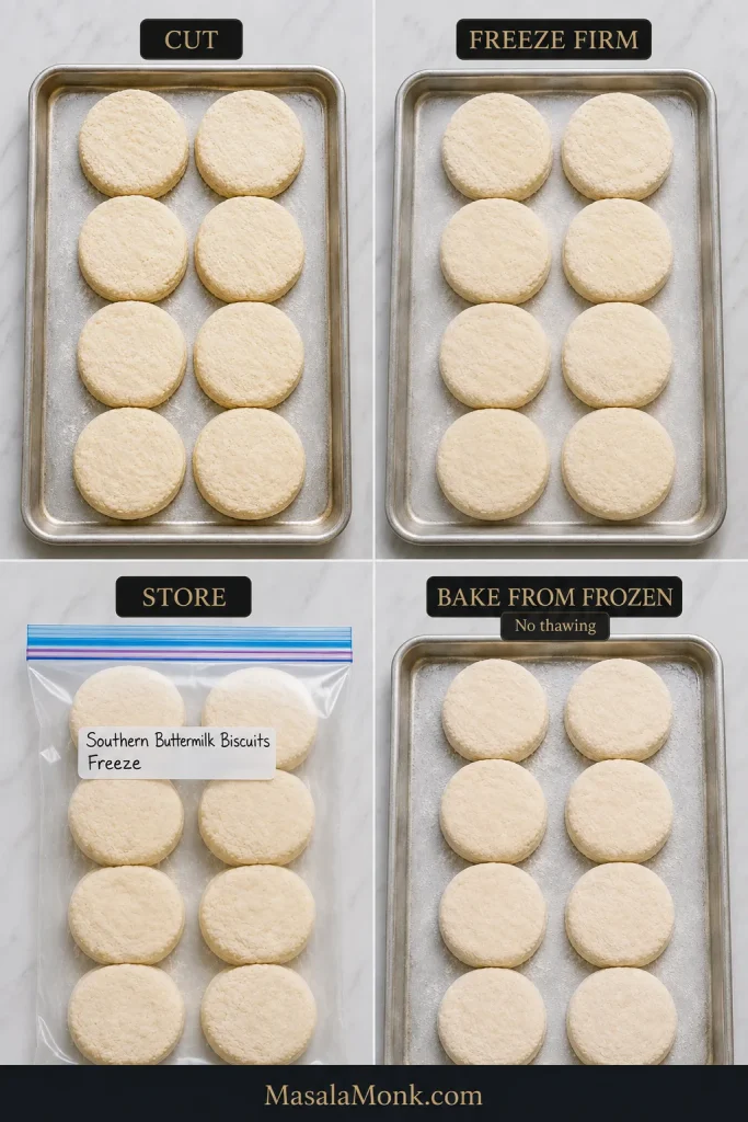 Four-step guide showing raw biscuits cut on a tray, frozen firm, stored in a freezer bag and returned frozen to a baking sheet.