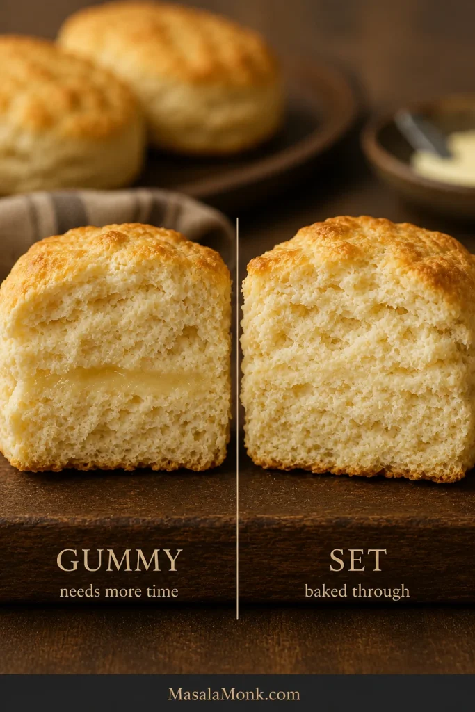 Split biscuits comparing a narrow glossy gummy stripe in the center with an evenly baked tender interior.