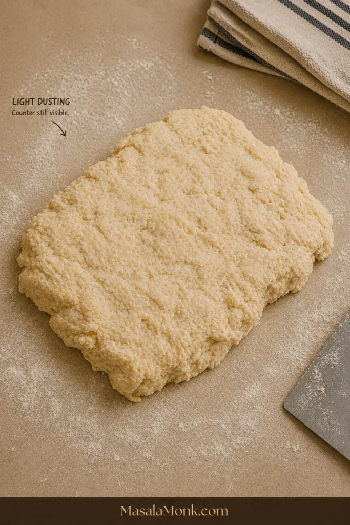 Rough pre-fold biscuit dough on a counter with a thin dusting of flour and much of the work surface still visible.
