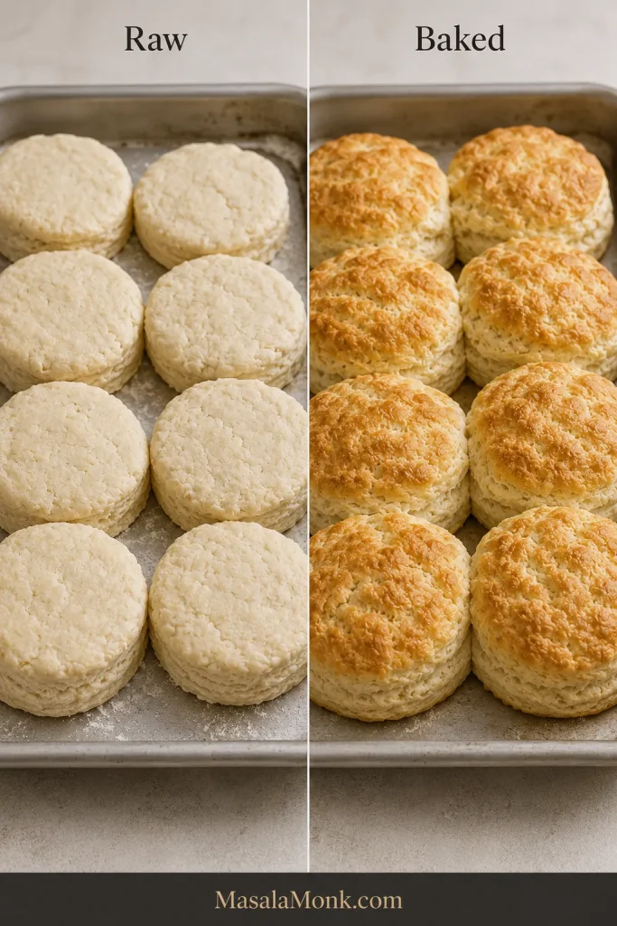 The same tray of biscuit rounds shown before baking and after rising into tall golden biscuits.