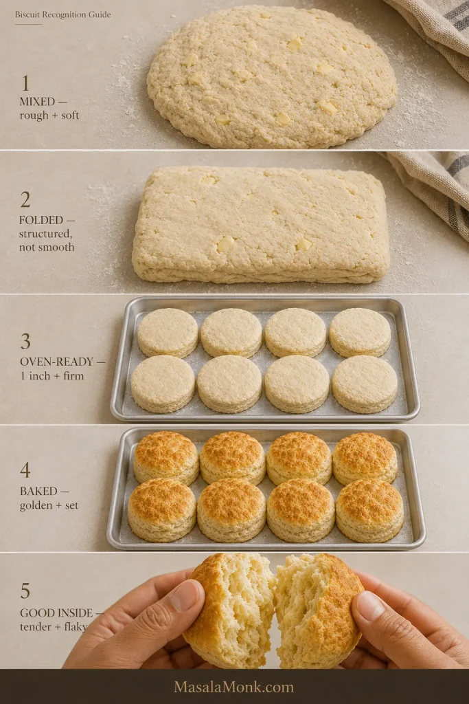 Five-stage guide showing rough mixed dough, folded dough, close-spaced oven-ready rounds, baked biscuits and a tender flaky interior.