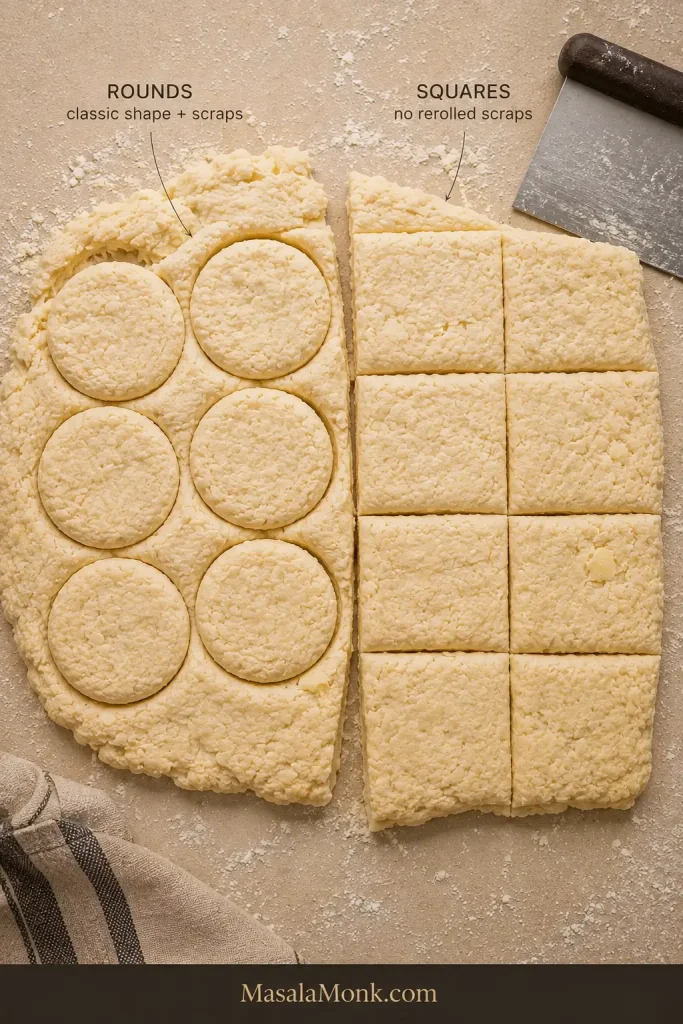 Round biscuits cut with a metal cutter beside square biscuits cut with a bench scraper, with scraps visible around the round cuts.
