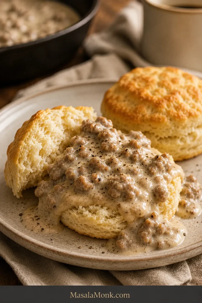 Split Southern buttermilk biscuit covered with creamy sausage gravy, browned sausage pieces and black pepper, with another golden biscuit nearby.