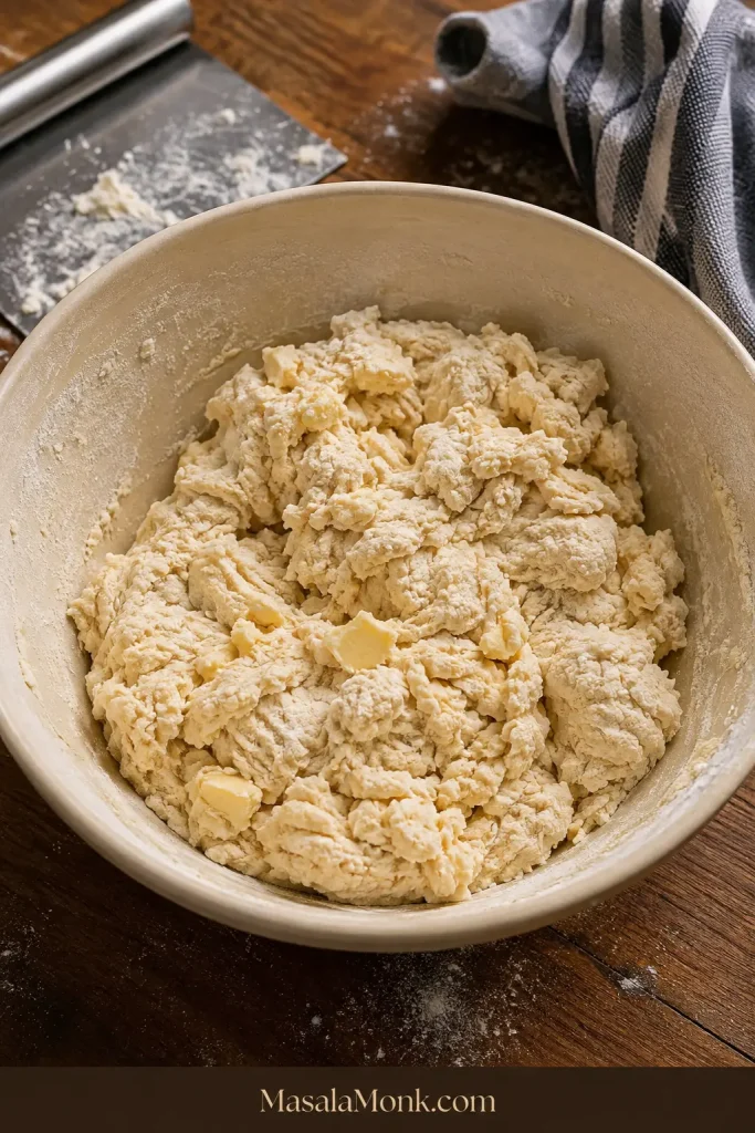 Shaggy buttermilk biscuit dough in a mixing bowl with uneven clumps, loose floury bits and visible butter pieces.