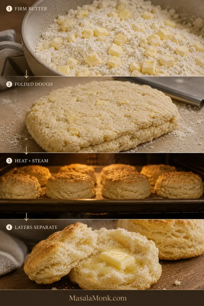 Four-stage guide showing firm butter in dough, folded biscuit dough, heat and steam during baking, and a finished biscuit with separated seams.