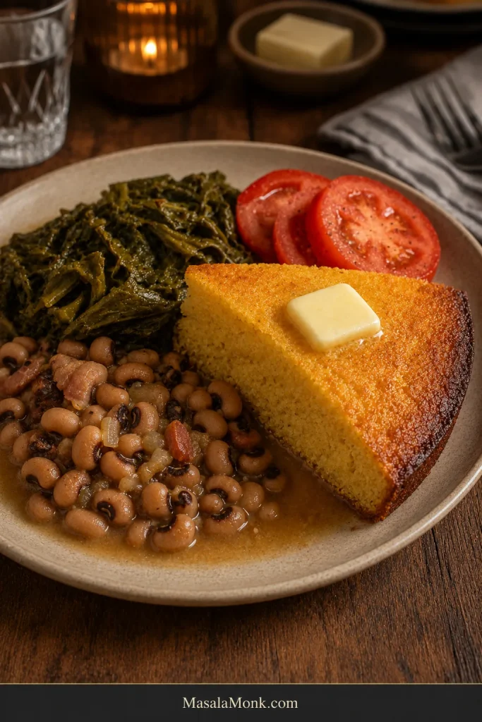 Dinner plate with a buttered wedge of Southern cornbread beside saucy black-eyed peas, cooked greens and sliced red tomatoes.