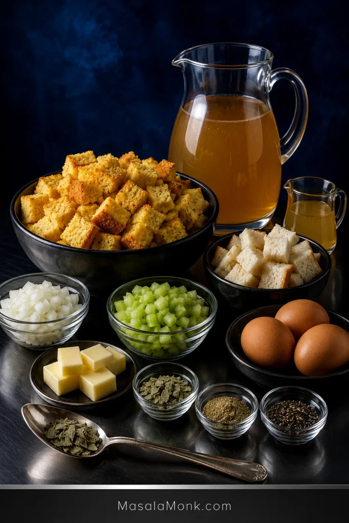 Ingredients for Southern cornbread dressing arranged on a dark blue set: cornbread, white bread, onion, celery, butter, sage, seasoning, eggs and broth.