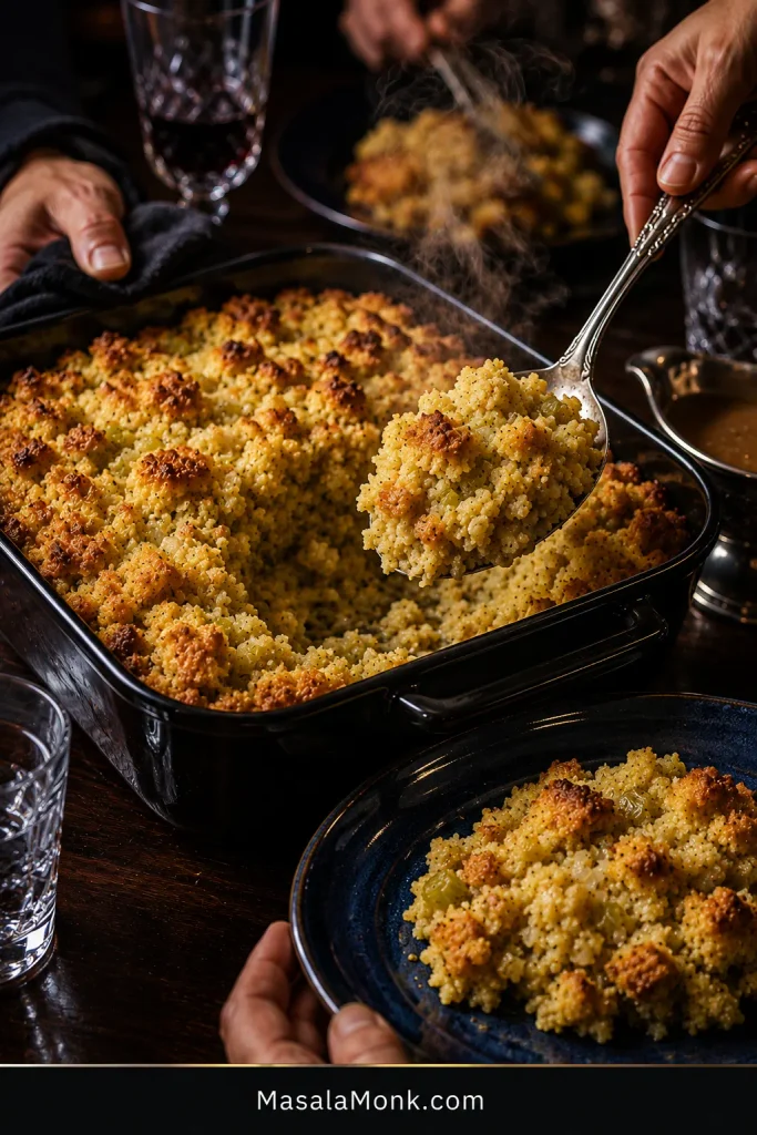 Hands serve steaming Southern cornbread dressing from a dark casserole onto a blue plate, showing a golden top and soft moist interior with onion and celery.