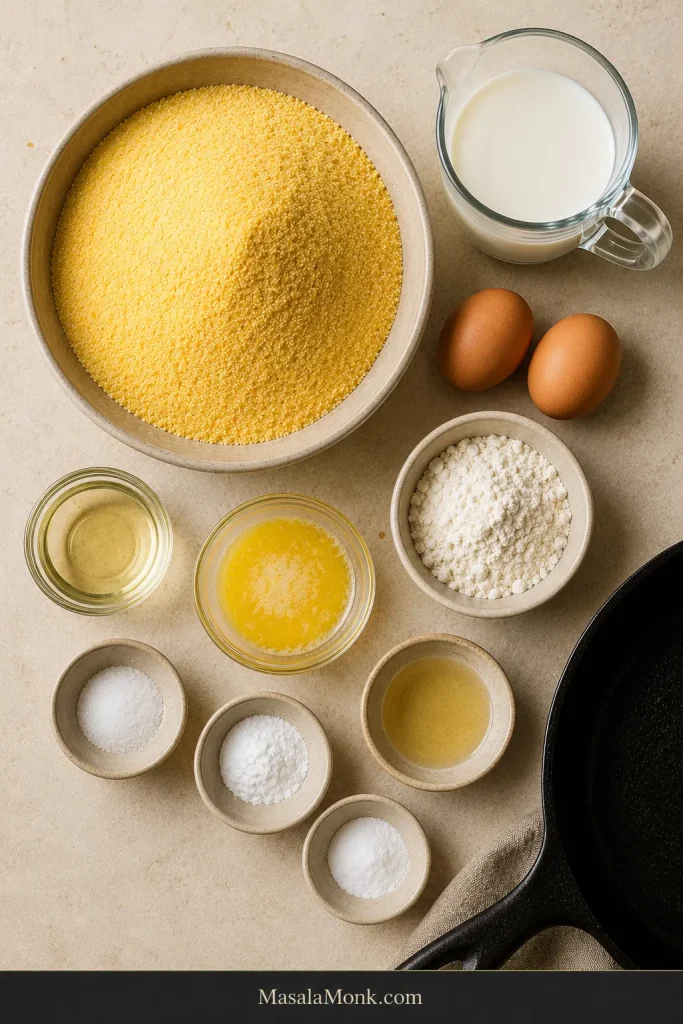 Overhead arrangement of cornmeal, flour, buttermilk, eggs, melted butter, oil, salt and leavening beside a black cast-iron skillet.