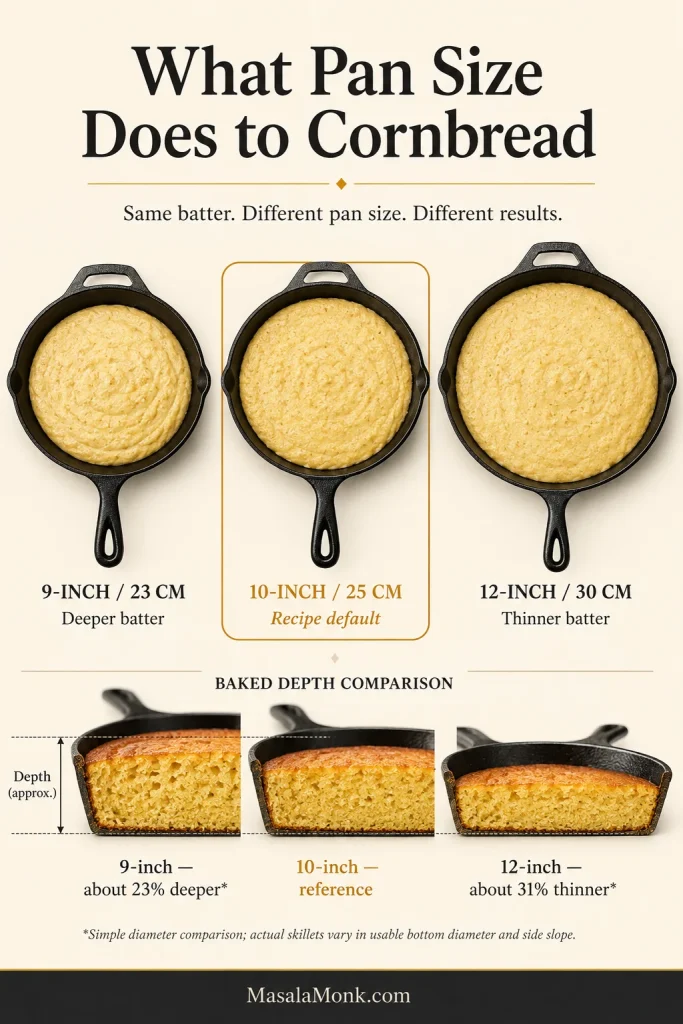 Infographic comparing cornbread batter in 9-inch, 10-inch and 12-inch skillets, with deeper batter in the smaller pan and thinner batter in the larger pan.