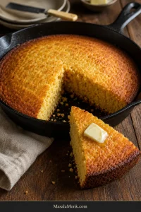 Golden Southern cornbread in a black cast-iron skillet with one wedge removed and a buttered slice in front, showing a browned crust and moist golden crumb.