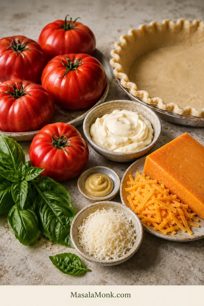 Ripe red tomatoes, pie crust, cheddar, Parmesan, mayonnaise, Dijon mustard, and fresh basil arranged together for Southern tomato pie.