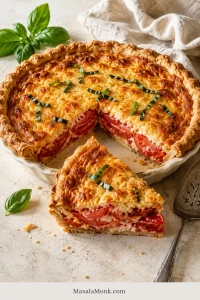 Whole Southern tomato pie with a golden crimped crust, browned cheese topping, fresh basil, and one wedge removed to reveal the red tomato filling.