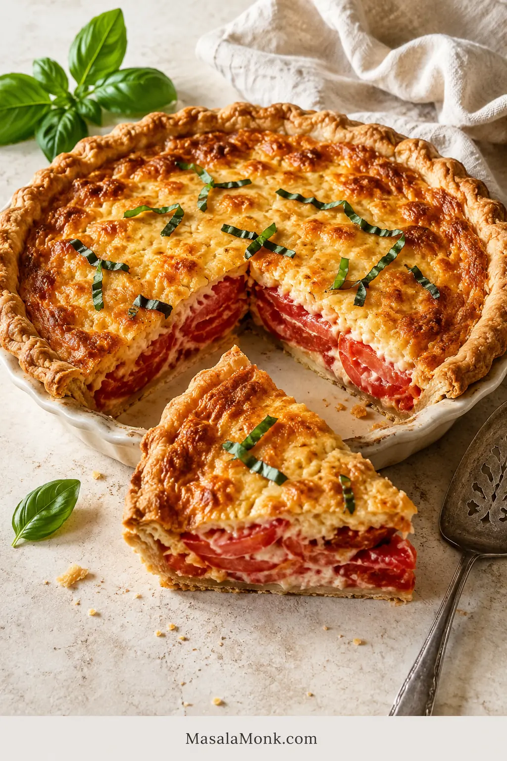 Whole Southern tomato pie with a golden crimped crust, browned cheese topping, fresh basil, and one wedge removed to reveal the red tomato filling.