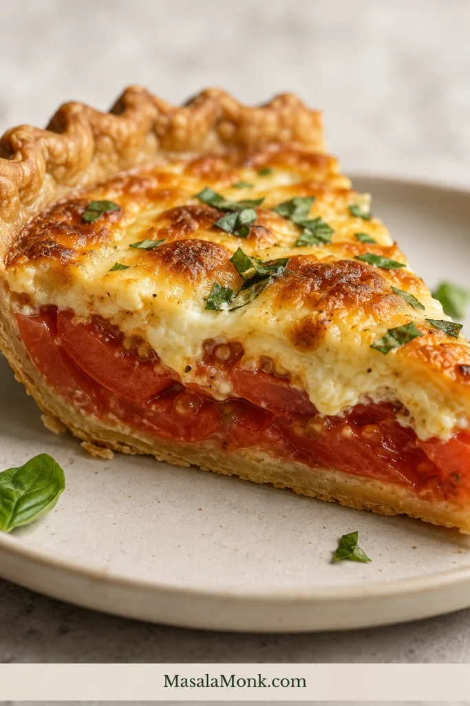 Close side view of a Southern tomato pie wedge showing an intact flaky bottom crust, red tomato layers, and browned creamy cheese topping.