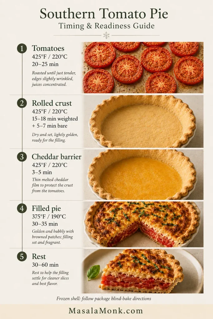 Vertical tomato pie timing guide showing roasted tomatoes, blind-baked crust, melted cheddar barrier, baked filled pie, and rested slice with temperatures and cooking times.