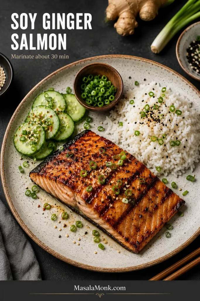 Soy ginger grilled salmon served with white rice, sliced cucumber, scallions and a light scattering of sesame seeds.